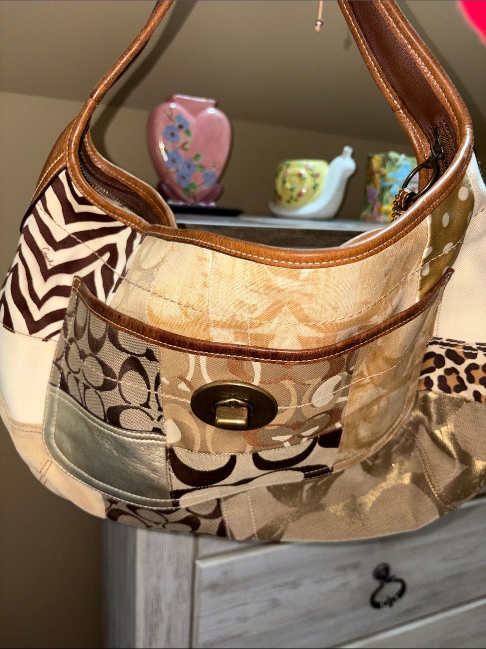 Coach Patchwork Shoulder Bag in Beige, Brown and Cream